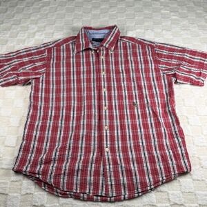 Tommy Hilfiger Red Plaid Seersucker Large Button Down Men's Short Sleeve Shirt‎